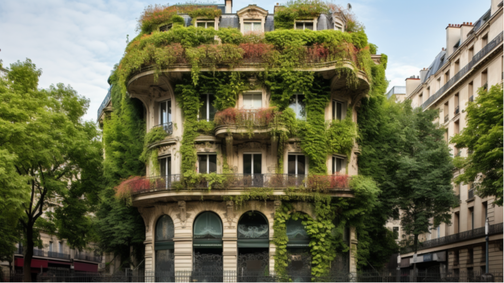 Immeuble Haussmannien avec de la verdure.