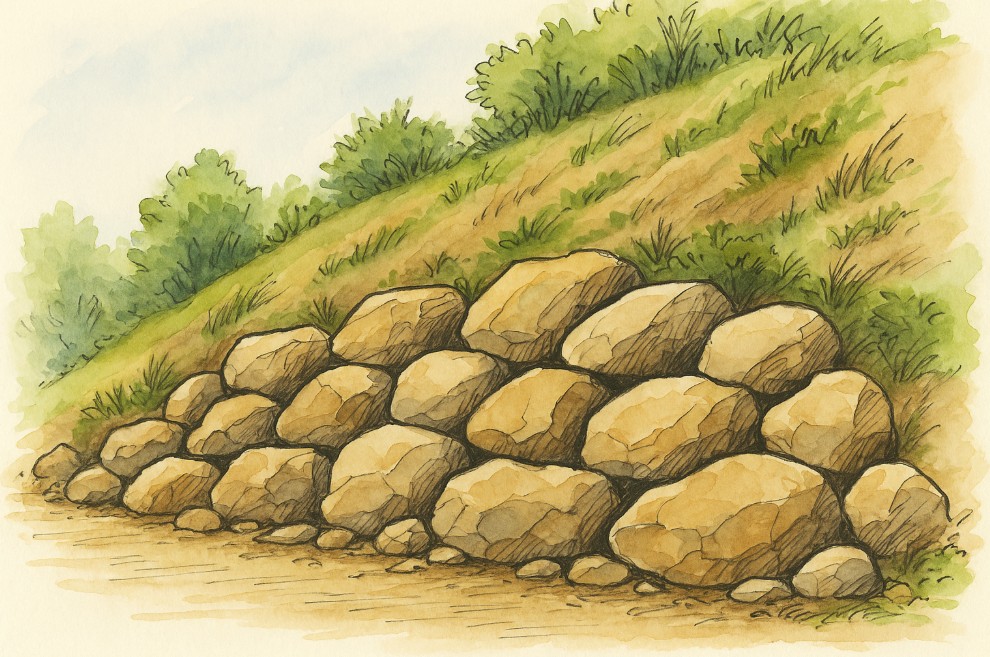 Talus renforcé par enrochement naturel de grosses pierres.