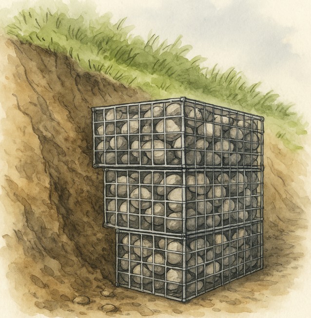 Gabions en métal pour stabilisation de talus érodé.