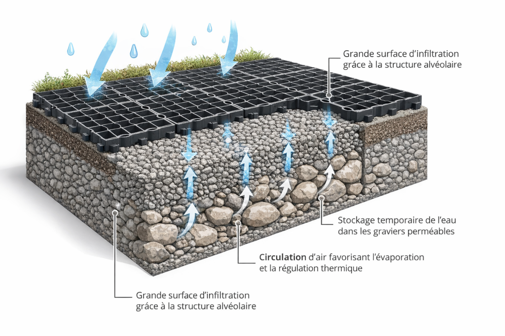 principe du vide porteur de la dalle alvéolaire : vue en 3D (eau et air circulent)