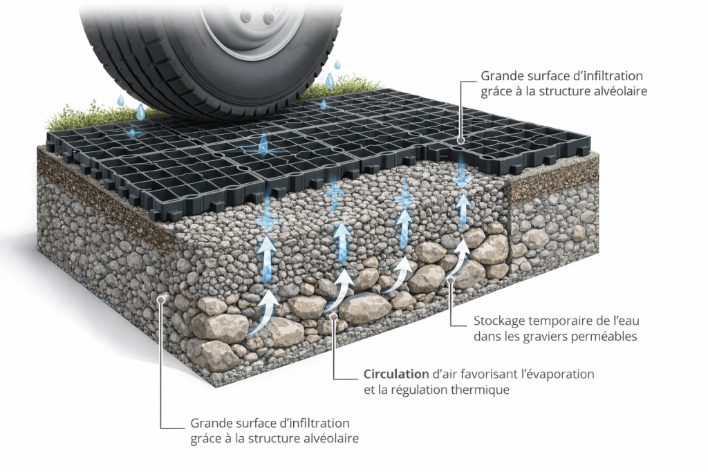 principe du vide porteur de la dalle alvéolaire : vue en 3D (poids de la roue de camion)
