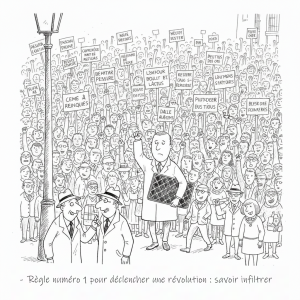 Dessin de presse : une révolution et deux agents qui discutent d'infiltration