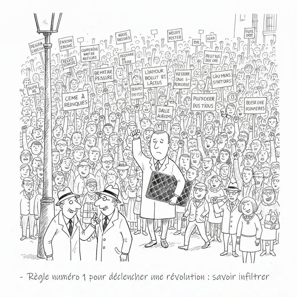 Dessin de presse : une révolution et deux agents qui discutent d'infiltration