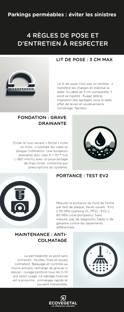 Parking perméables : éviter les sinistres. Infographie des 4 règles de pose et d'entretien à respecter