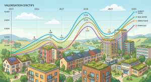 illustration : courbes de valorisations d'actifs de bâtiments avec des toitures végétalisées