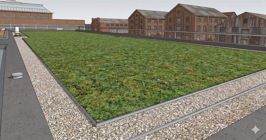 zone stérile (ici tout autour du tapis végétalisé -tapis de sedum) sur une toiture terrasse végétalisée