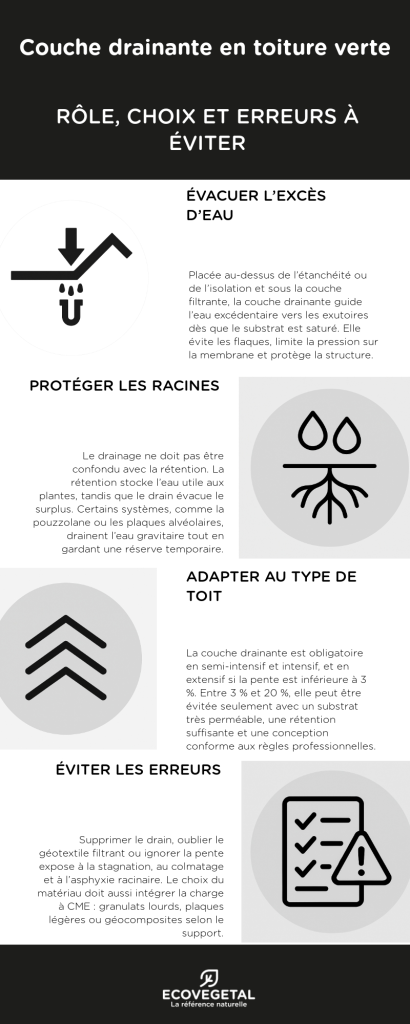 Infographie : couche drainante en toiture végétalisée : rôle, choix et erreurs à éviter