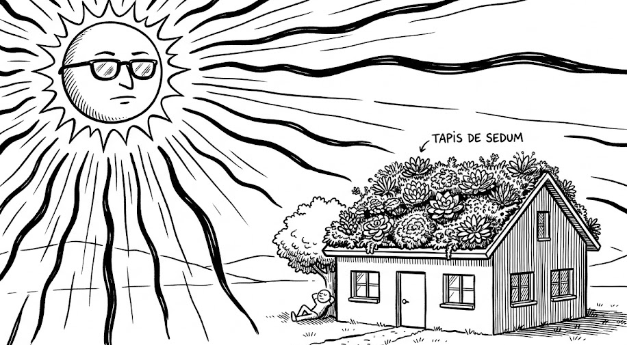Illustration montrant un soleil très puissant et une maison avec un toit végétalisé