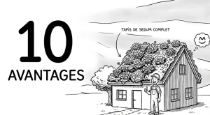 illustration : 10 avantages. Devant une maison avec toit végétalisé avec un tapis de sedum