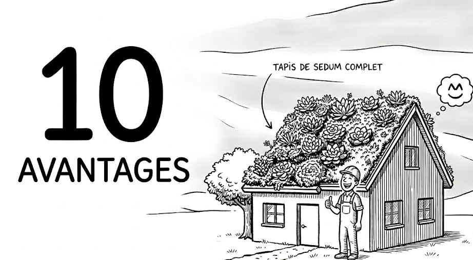 illustration : 10 avantages. Devant une maison avec toit végétalisé avec un tapis de sedum