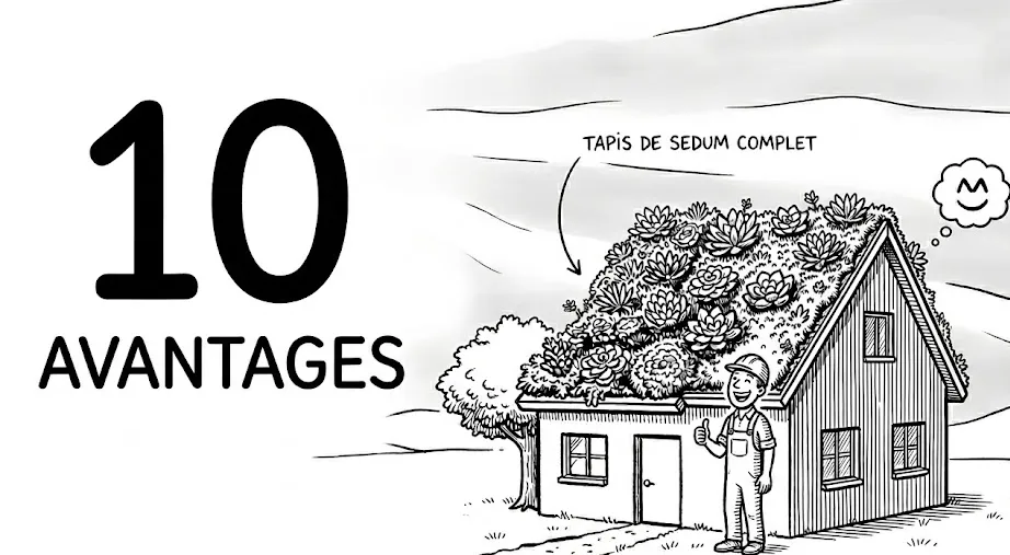 illustration : 10 avantages. Devant une maison avec toit végétalisé avec un tapis de sedum
