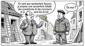 tapis précultivé et assurance décennale : dessin de presse. Deux hommes discutent, l'un est représentant Assuror.