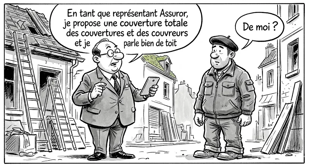 tapis précultivé et assurance décennale : dessin de presse. Deux hommes discutent, l'un est représentant Assuror.