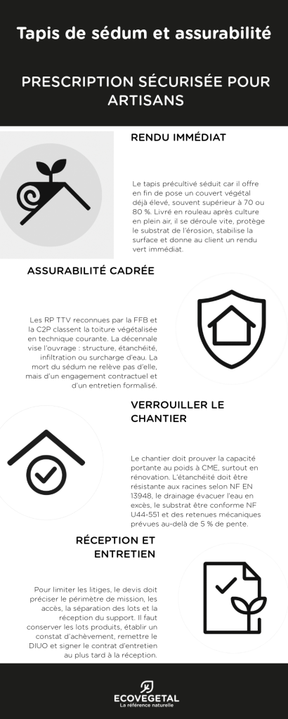 tapis précultivé et garantie décennale : infographie rappelant les règles pour une assurabilité complète du projet