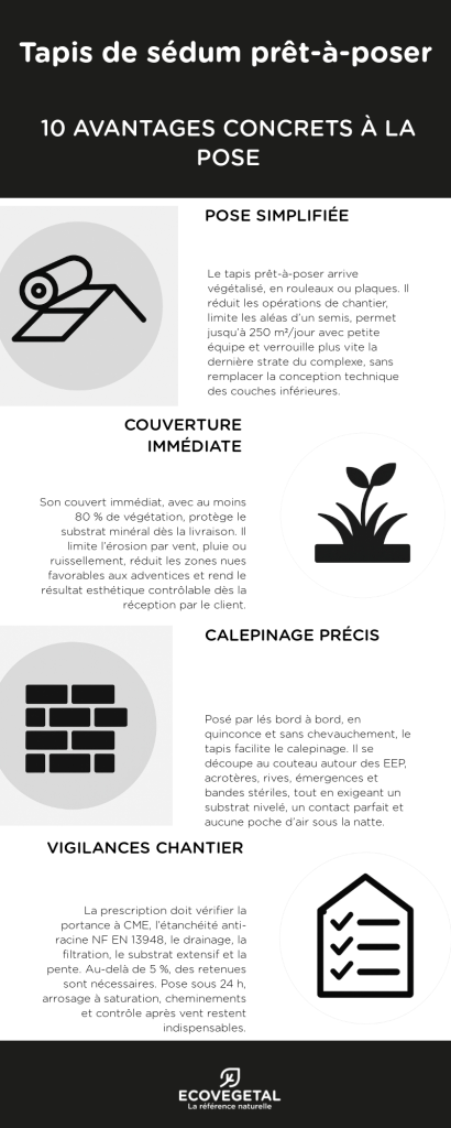 tapis de sédum prêt-à-poser
10 avantages concrets à la pose (infographie)