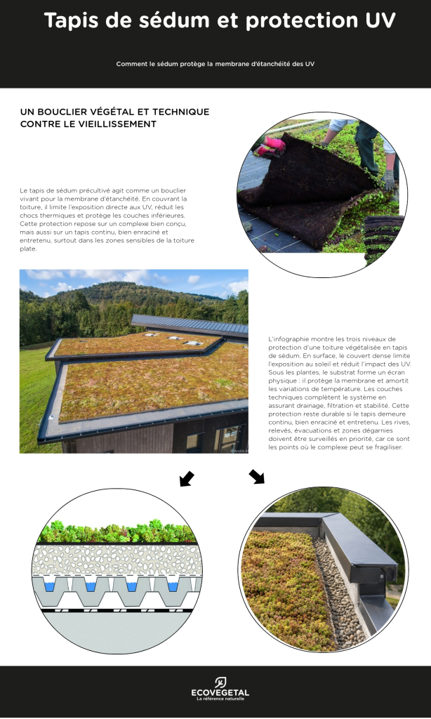 tapis de sedum et protection UV (infographie avec photos). Comment le sedum protège la membrane d'étanchéité des UV.