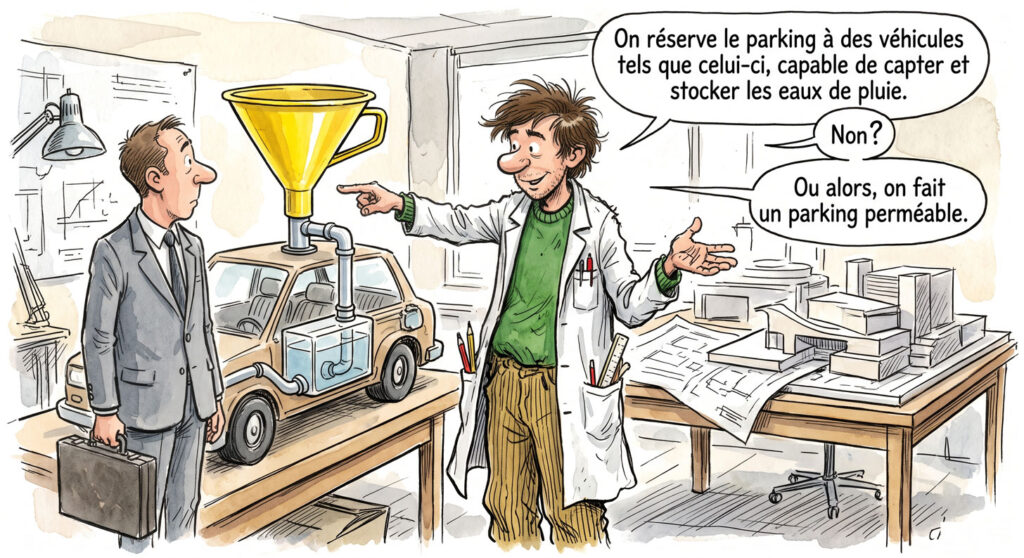 Dessin de presse : ingénieur "on réserve le parking à des véhicules tels que celui-ci, capable de capter et de stocker les eaux de pluie ... ou alors on fait un parking perméable"